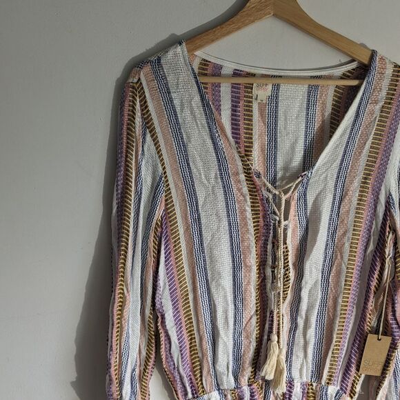 Surf Gypsy Striped Lace Up Front Boho Beachy Tassel Romper NWT Women's Size M - Picture 3 of 9